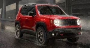 Red 2021 Jeep Renegade Driving in the Rain